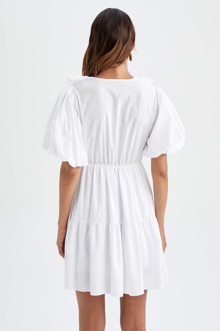 V-Neck Poplin Balloon Sleeves Mini Dress