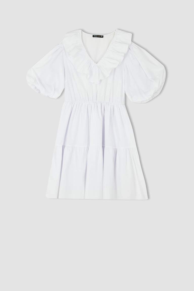 V-Neck Poplin Balloon Sleeves Mini Dress