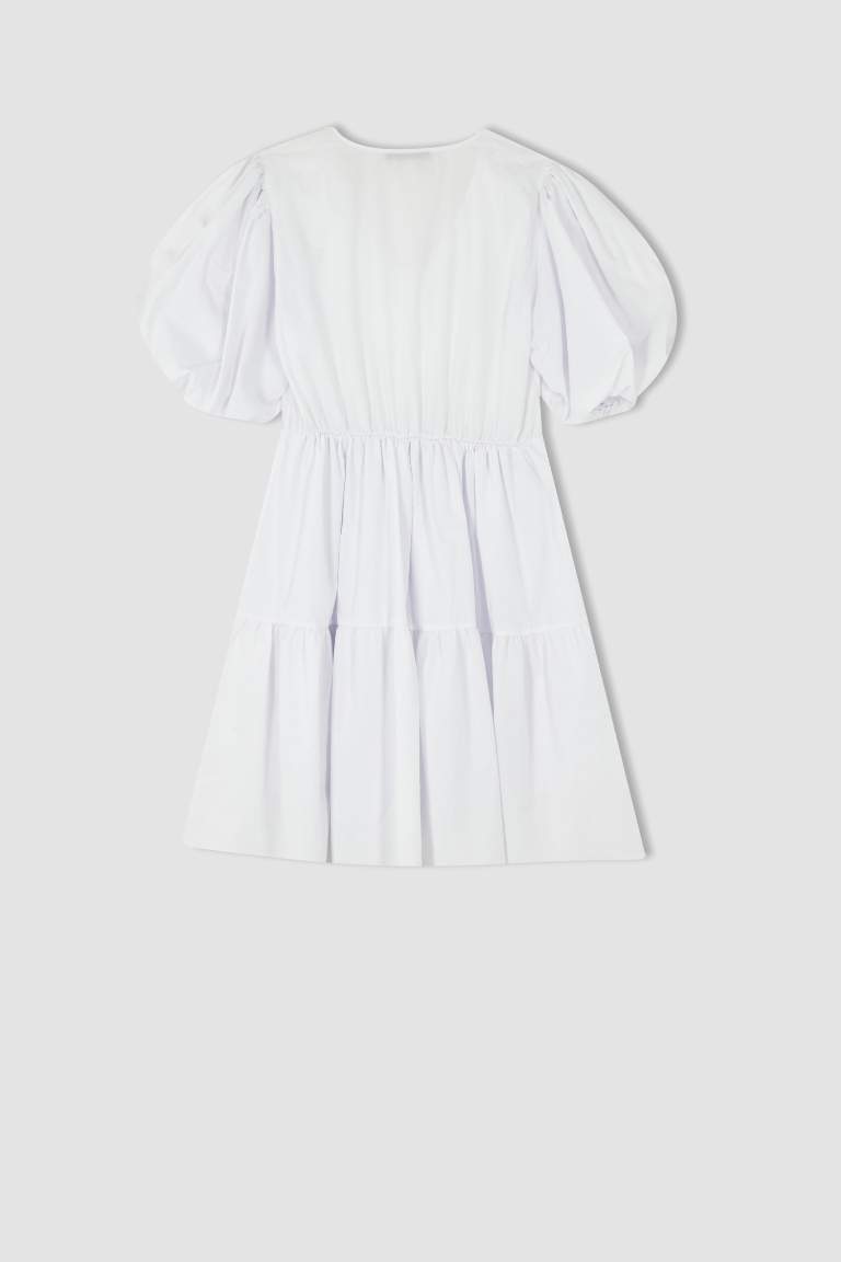 V-Neck Poplin Balloon Sleeves Mini Dress