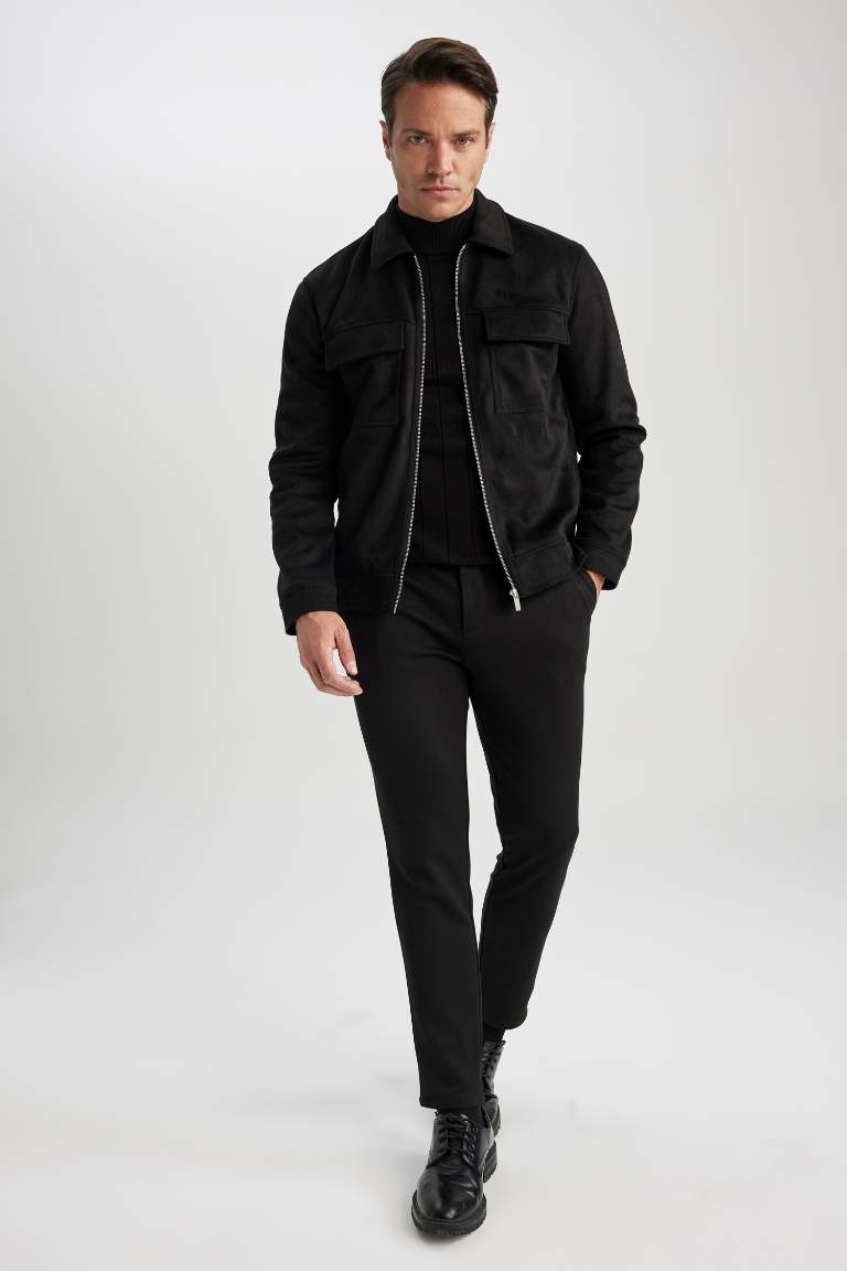 Slim Fit Polo Yaka Fermuar Kapamalı Cep Detaylı Mevsimlik Süet Mont Ceket