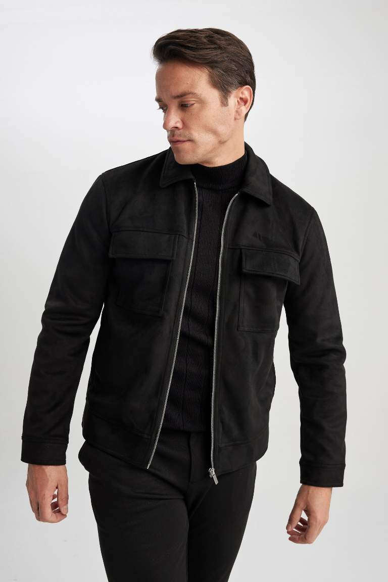 Slim Fit Polo Yaka Fermuar Kapamalı Cep Detaylı Mevsimlik Süet Mont Ceket