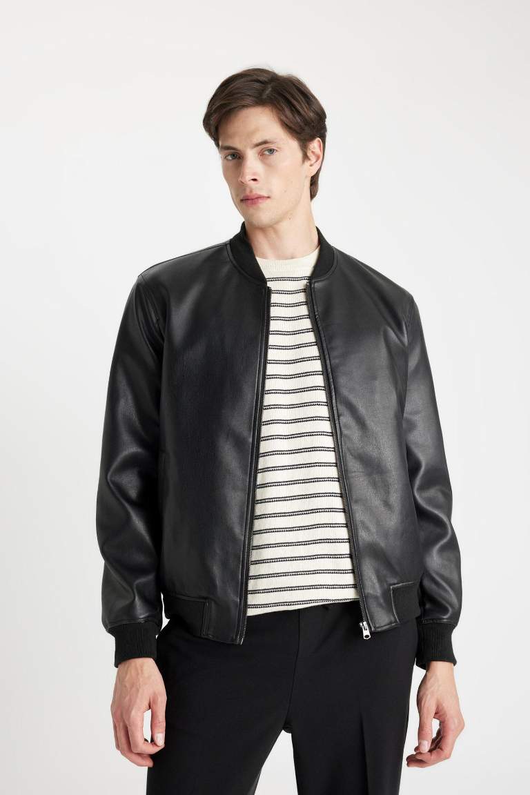 Slim Fit Bomber Mont Ceket Dar Kesim Kolej Yaka Suni Deri  Astarlı Fermuarlı Çift Cepli Mevsimlik