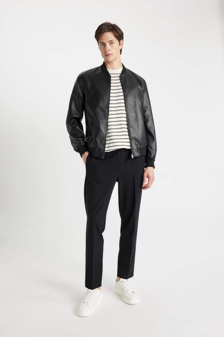 Slim Fit Bomber Mont Ceket Dar Kesim Kolej Yaka Suni Deri  Astarlı Fermuarlı Çift Cepli Mevsimlik
