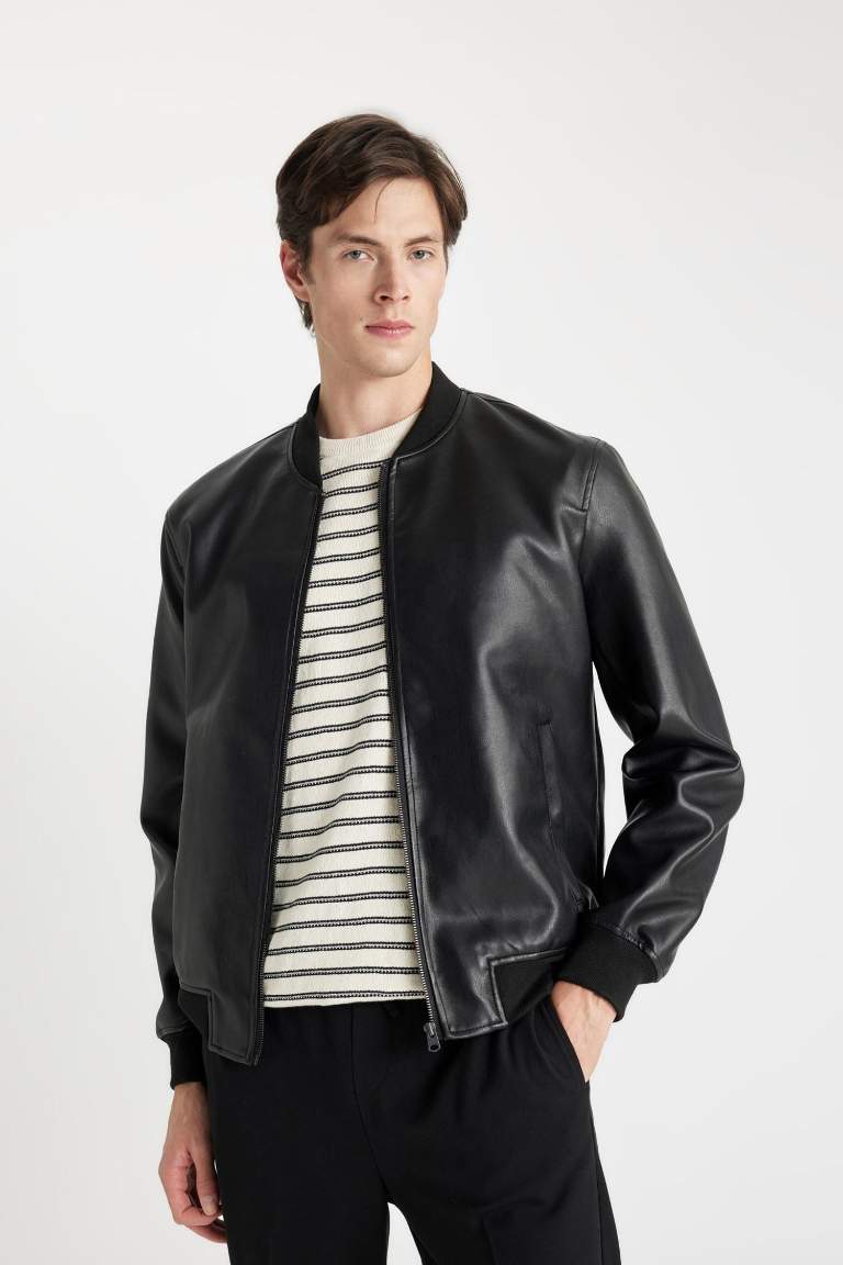 Slim Fit Bomber Mont Ceket Dar Kesim Kolej Yaka Suni Deri  Astarlı Fermuarlı Çift Cepli Mevsimlik