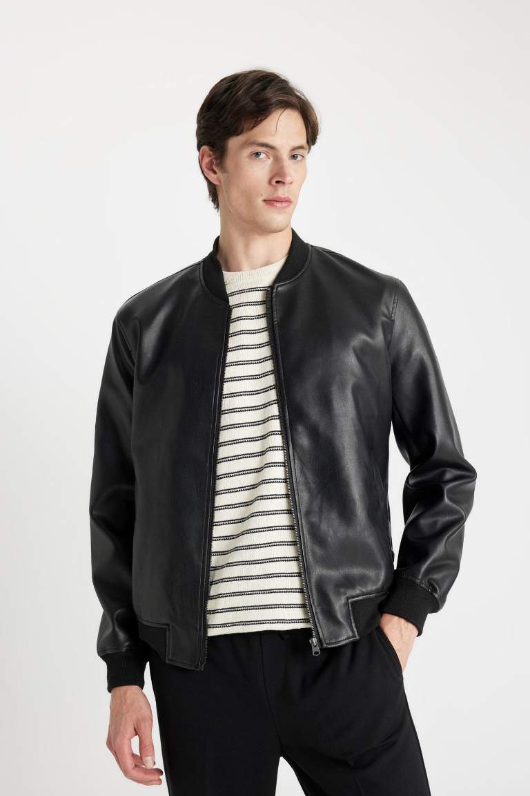 Slim Fit Bomber Mont Ceket Dar Kesim Kolej Yaka Suni Deri  Astarlı Fermuarlı Çift Cepli Mevsimlik