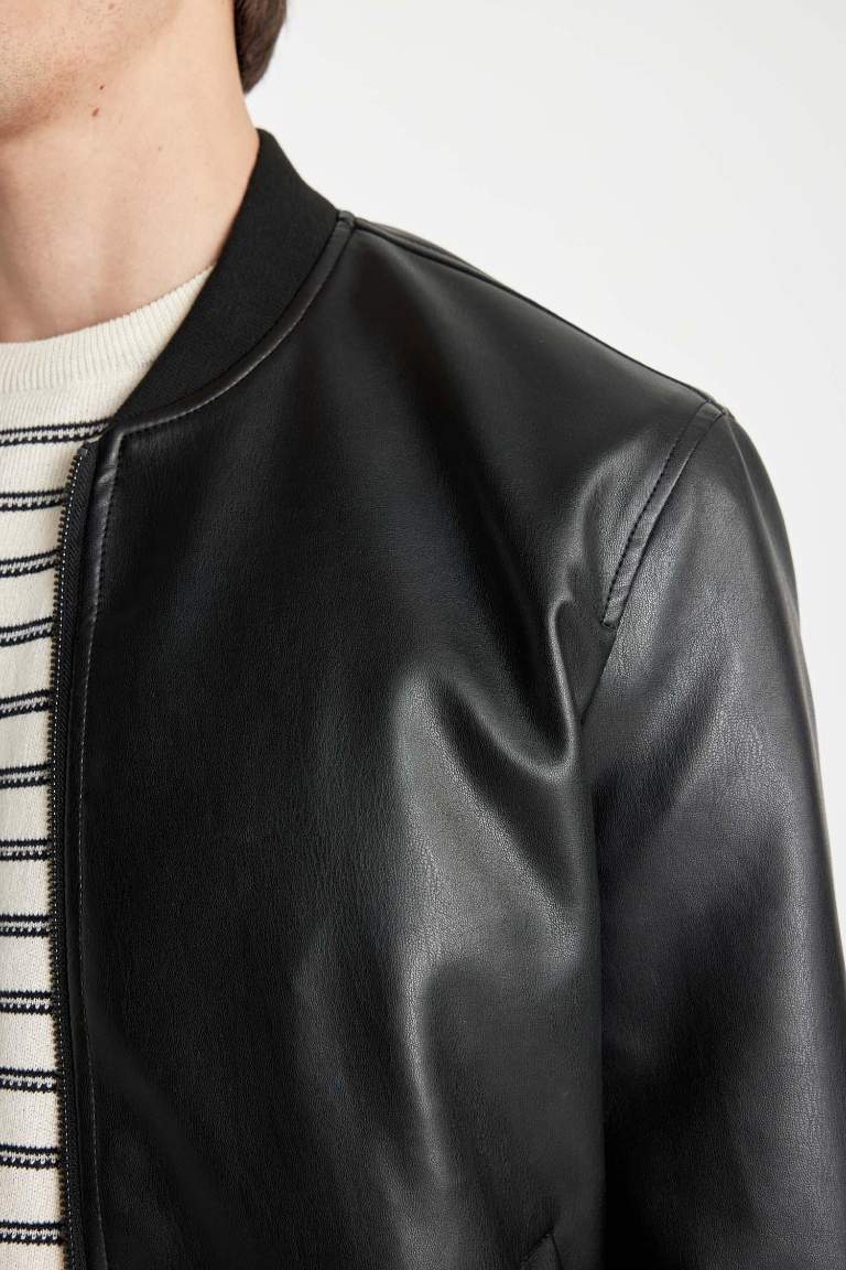 Slim Fit Bomber Mont Ceket Dar Kesim Kolej Yaka Suni Deri  Astarlı Fermuarlı Çift Cepli Mevsimlik