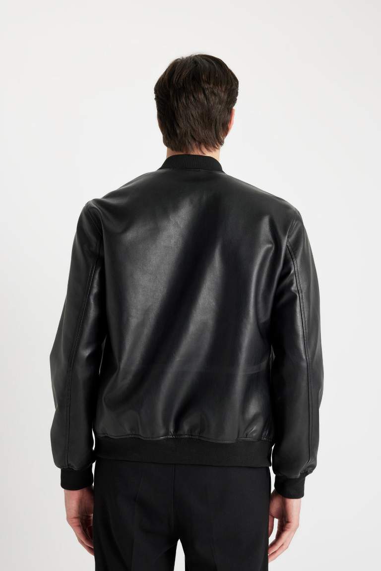 Slim Fit Bomber Mont Ceket Dar Kesim Kolej Yaka Suni Deri  Astarlı Fermuarlı Çift Cepli Mevsimlik