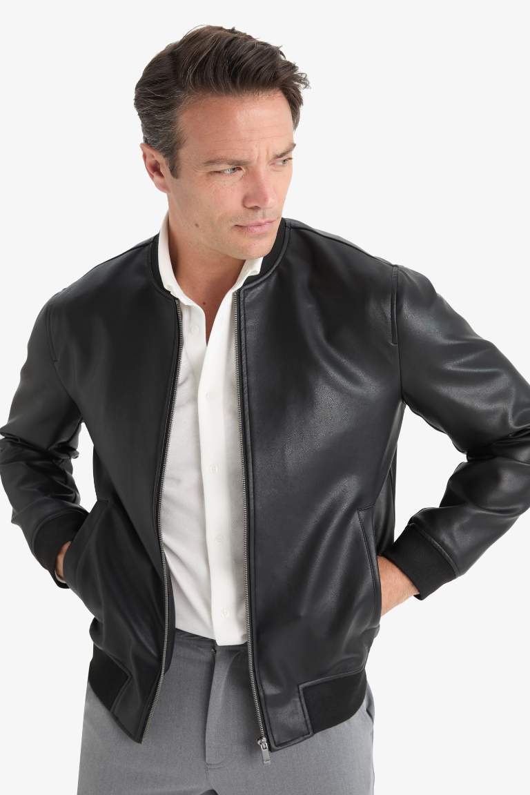 Slim Fit Dar Kesim Kolej Yaka Astarlı Fermuarlı Suni Deri Bomber Mont