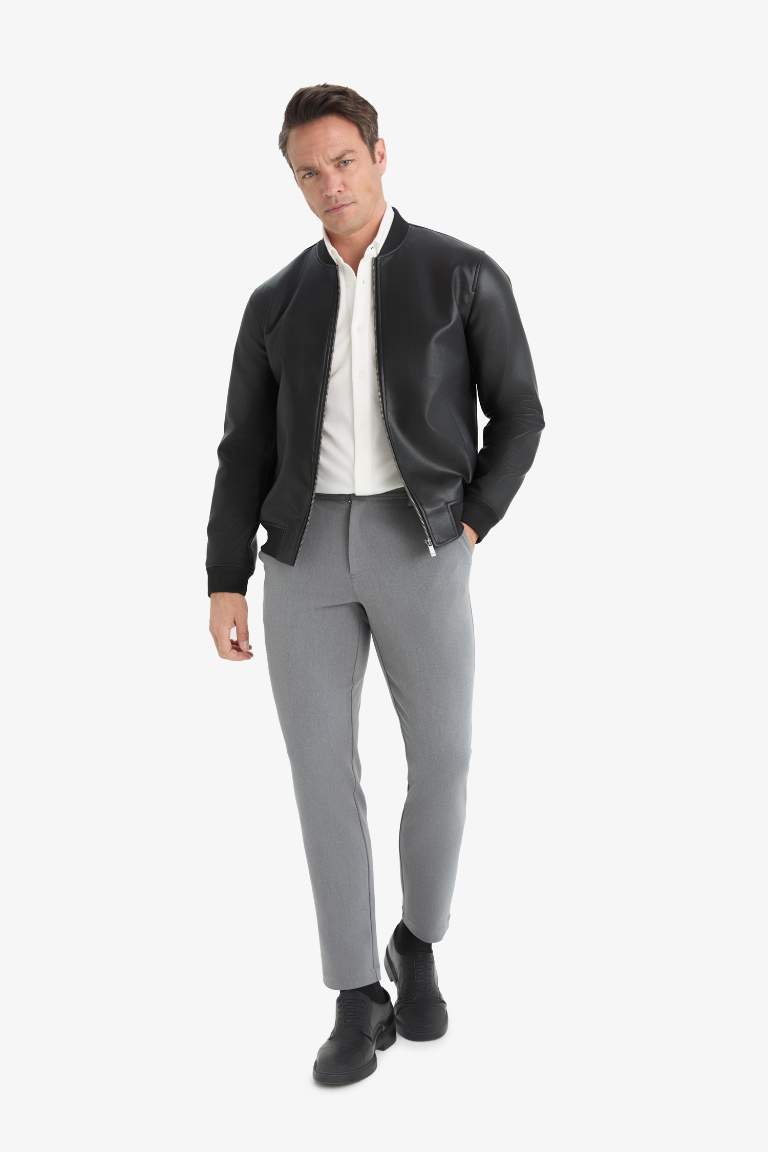 Slim Fit Dar Kesim Kolej Yaka Astarlı Fermuarlı Suni Deri Bomber Mont