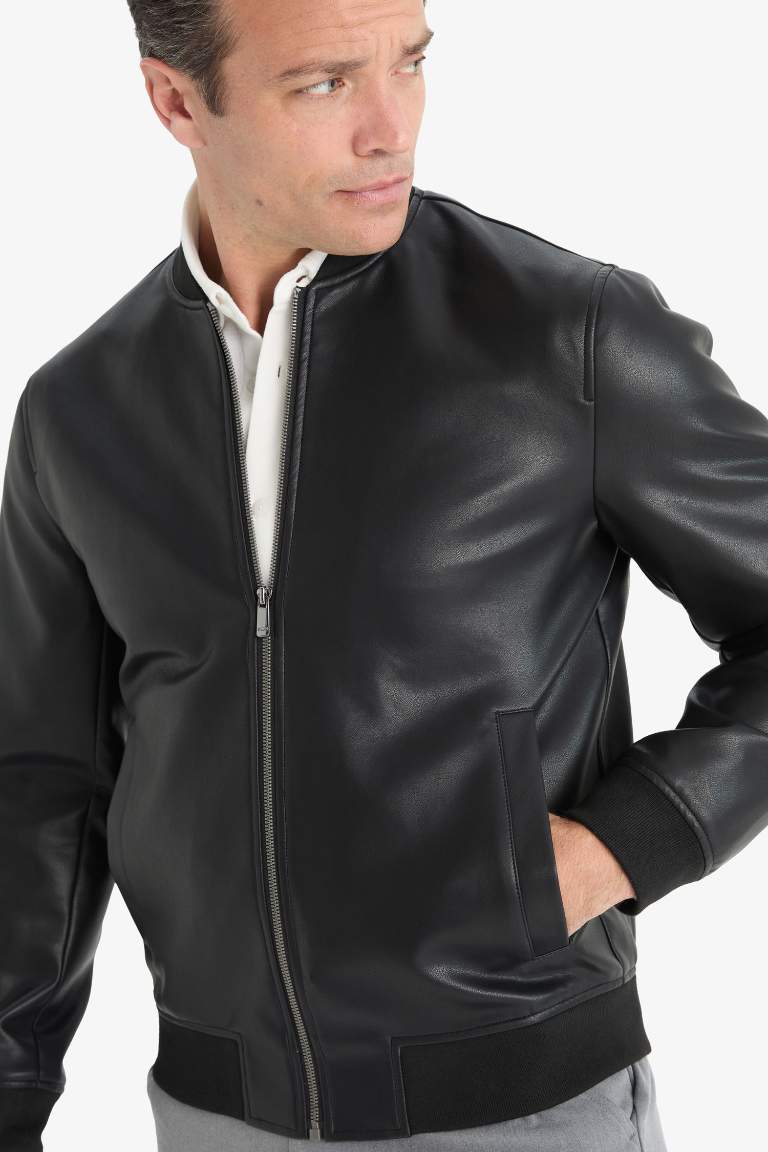 Slim Fit Dar Kesim Kolej Yaka Astarlı Fermuarlı Suni Deri Bomber Mont