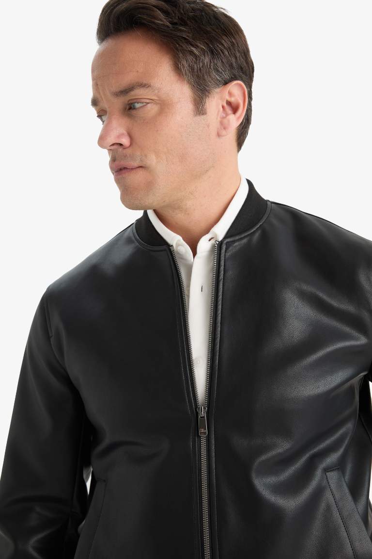 Slim Fit Dar Kesim Kolej Yaka Astarlı Fermuarlı Suni Deri Bomber Mont