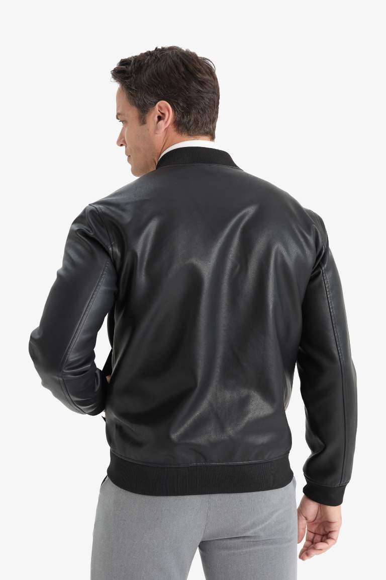 Slim Fit Dar Kesim Kolej Yaka Astarlı Fermuarlı Suni Deri Bomber Mont