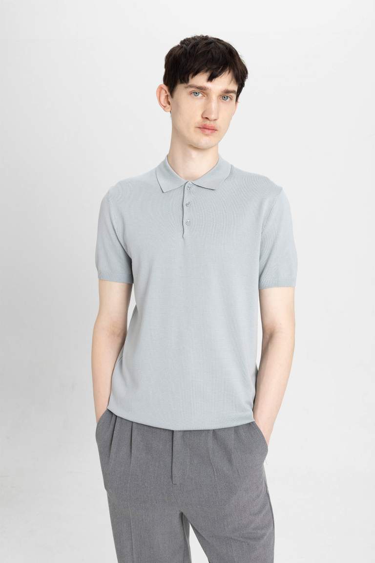 Slim Fit Short Sleeve Basic Knit Polo T-Shirt