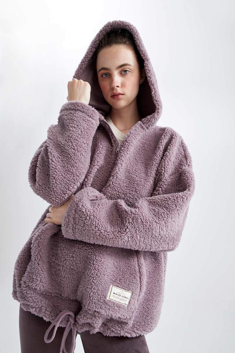 Oversize Geniş Kalıp Kapüşonlu Kanguru Cepli Yarım Fermuarlı Pelüş Sweatshirt