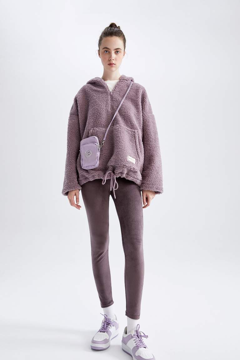 Oversize Geniş Kalıp Kapüşonlu Kanguru Cepli Yarım Fermuarlı Pelüş Sweatshirt