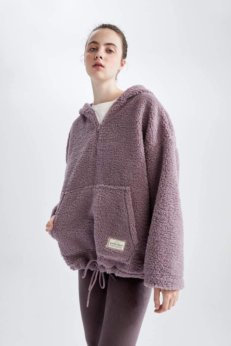 Oversize Geniş Kalıp Kapüşonlu Kanguru Cepli Yarım Fermuarlı Pelüş Sweatshirt