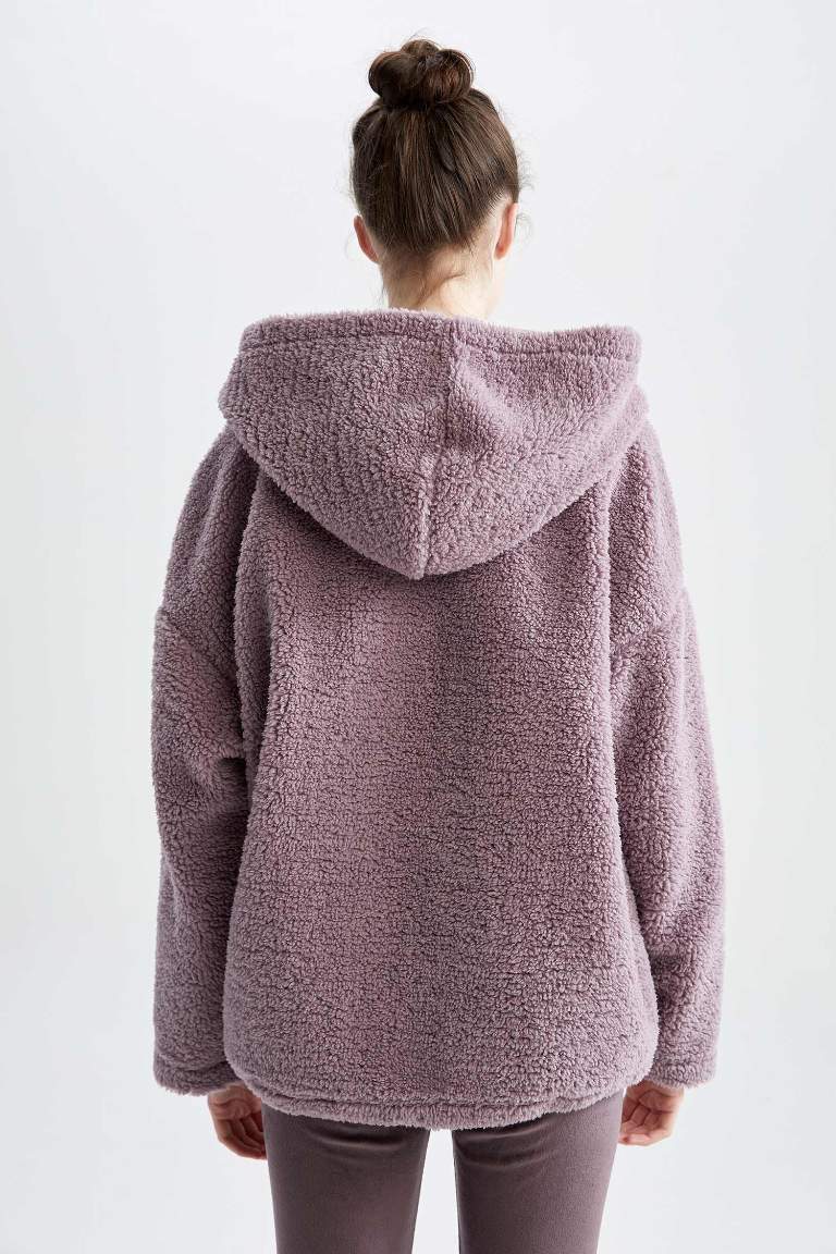 Oversize Geniş Kalıp Kapüşonlu Kanguru Cepli Yarım Fermuarlı Pelüş Sweatshirt