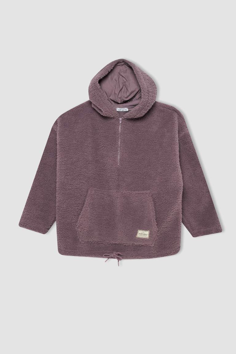 Oversize Geniş Kalıp Kapüşonlu Kanguru Cepli Yarım Fermuarlı Pelüş Sweatshirt