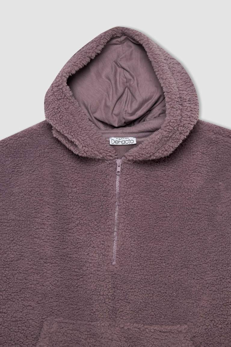 Oversize Geniş Kalıp Kapüşonlu Kanguru Cepli Yarım Fermuarlı Pelüş Sweatshirt