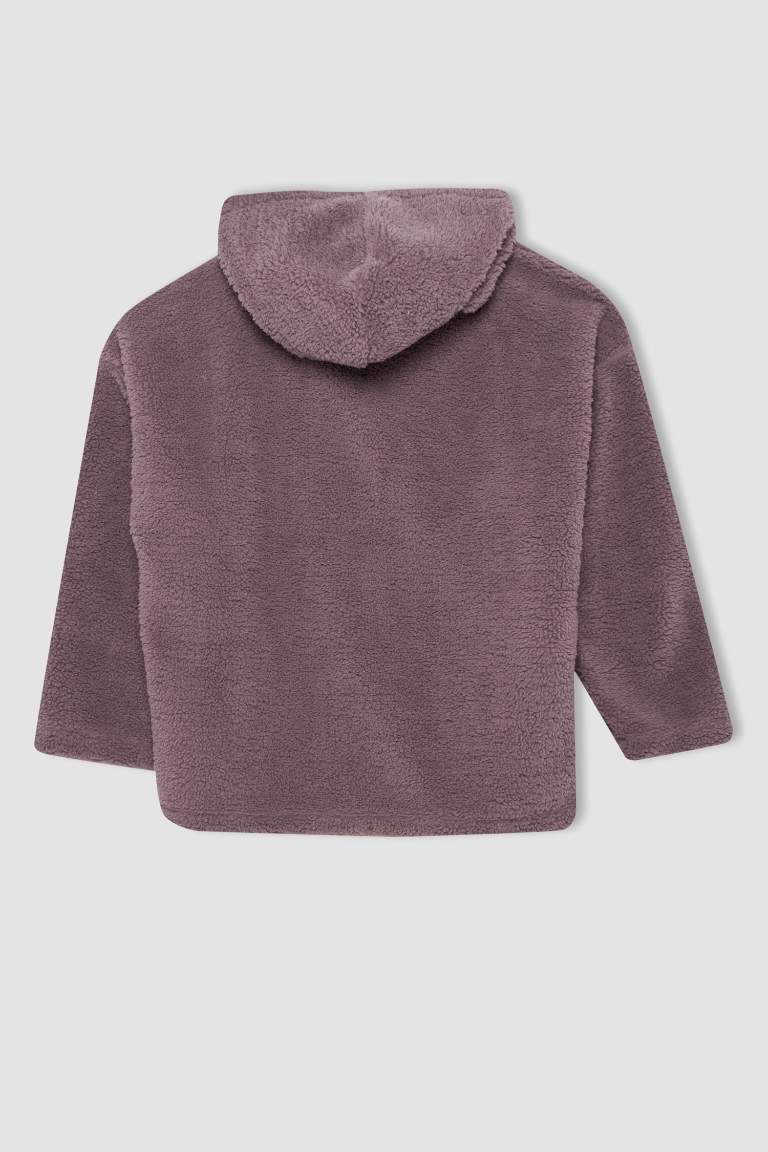 Oversize Geniş Kalıp Kapüşonlu Kanguru Cepli Yarım Fermuarlı Pelüş Sweatshirt