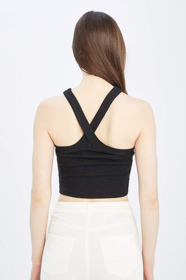 Fitted Halter Neck Black Tak Top