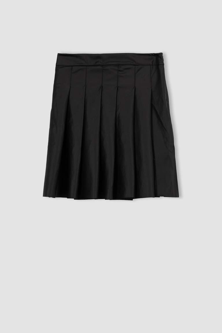 Black حريمي Pleat Faux Leather Mini Knitted Skirt 2687082 | DeFacto