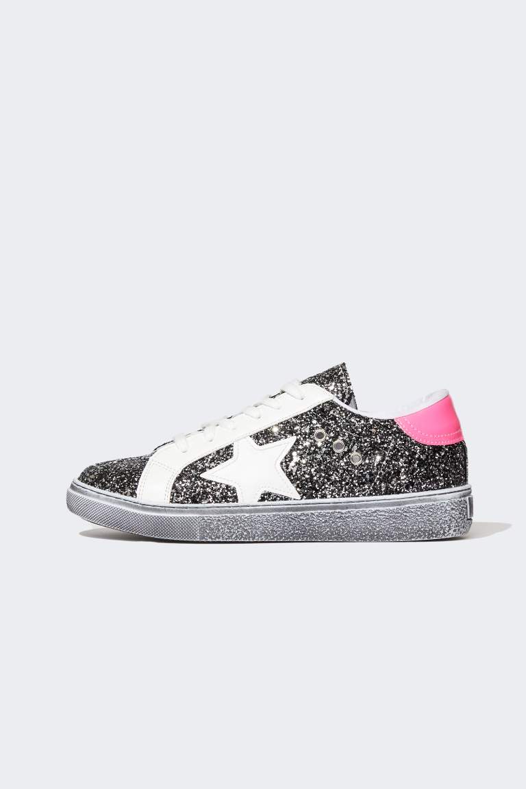 Kadın Bağcıklı Suni Deri Simli Sneaker Spor Ayakkabı
