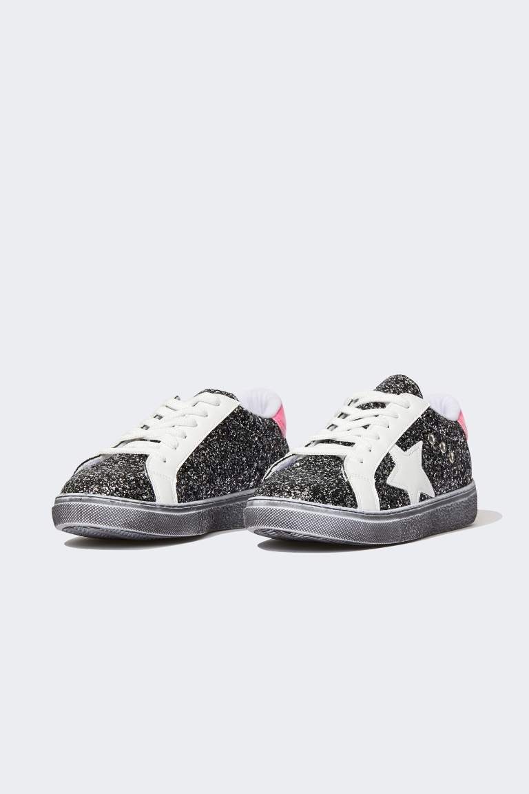Kadın Bağcıklı Suni Deri Simli Sneaker Spor Ayakkabı