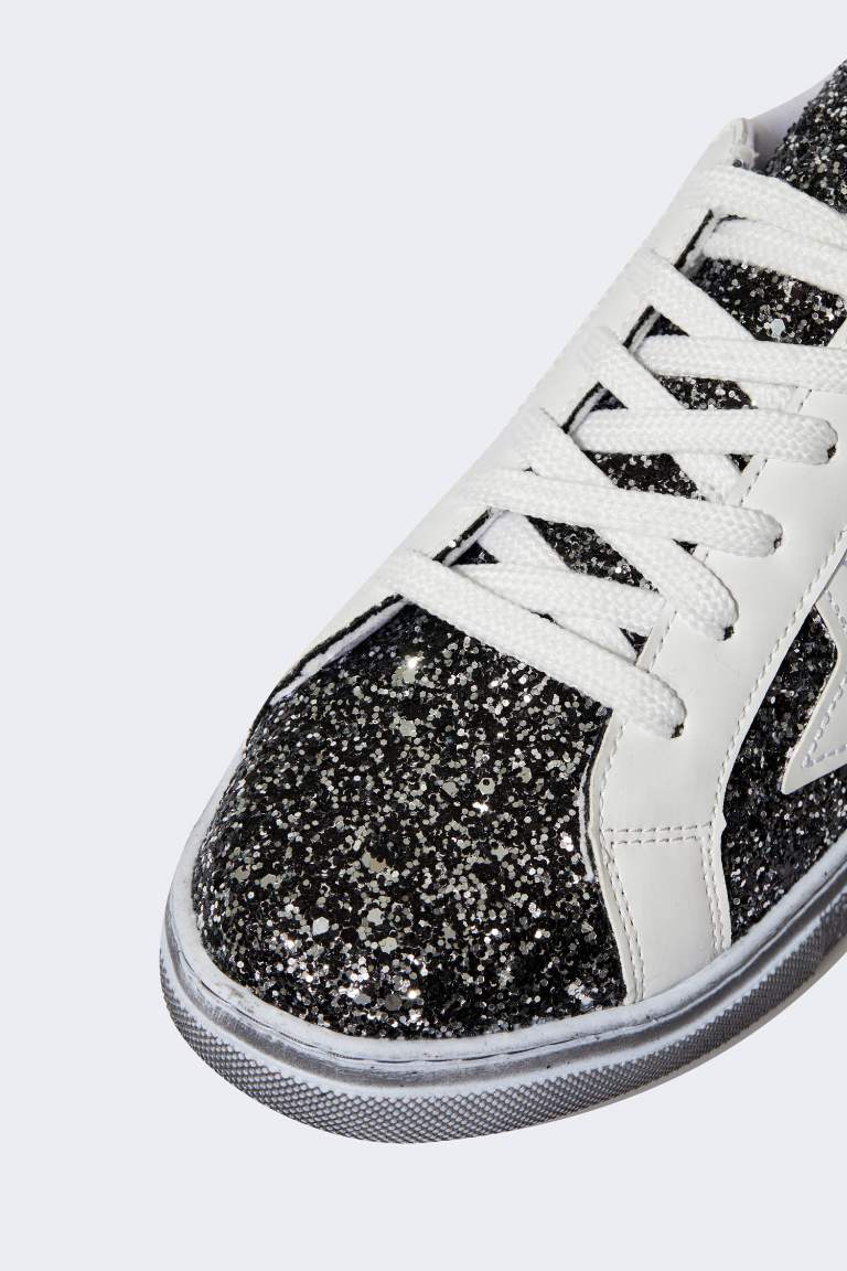 Kadın Bağcıklı Suni Deri Simli Sneaker Spor Ayakkabı