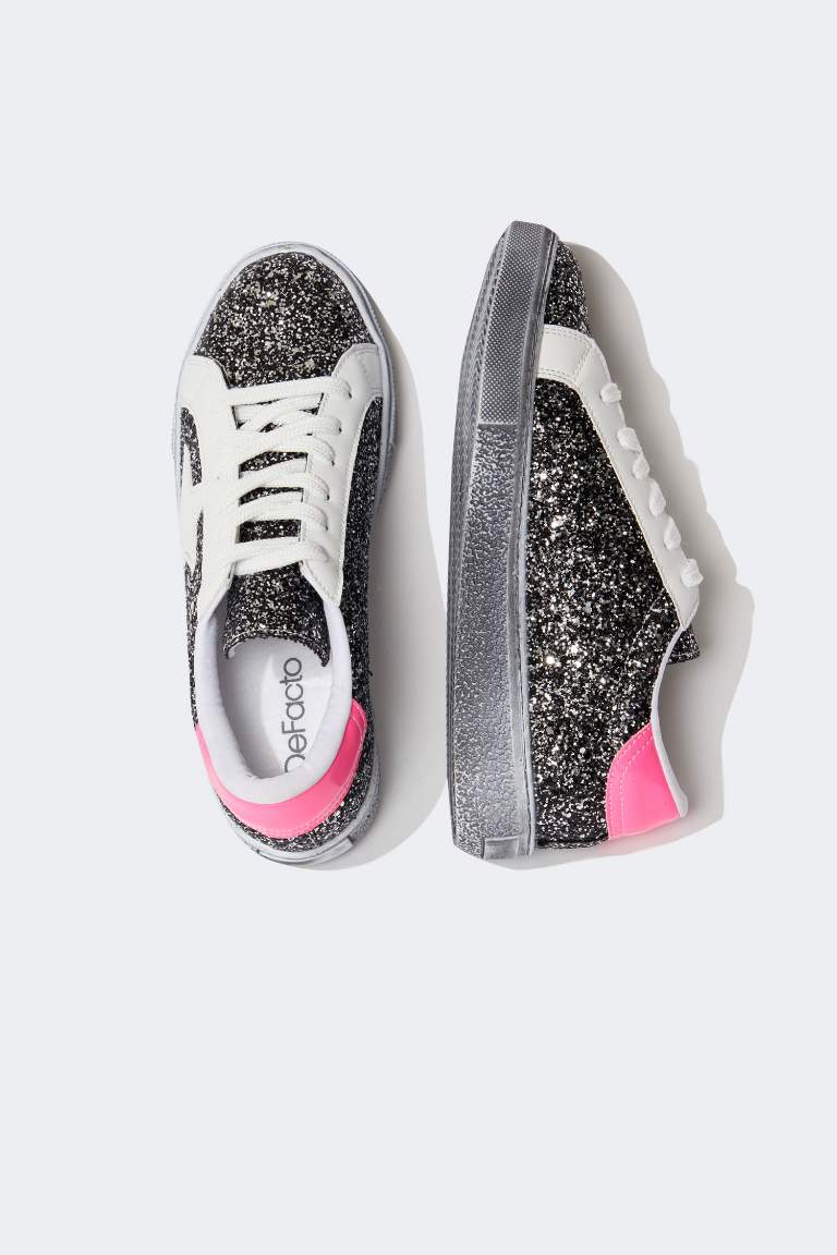 Kadın Bağcıklı Suni Deri Simli Sneaker Spor Ayakkabı