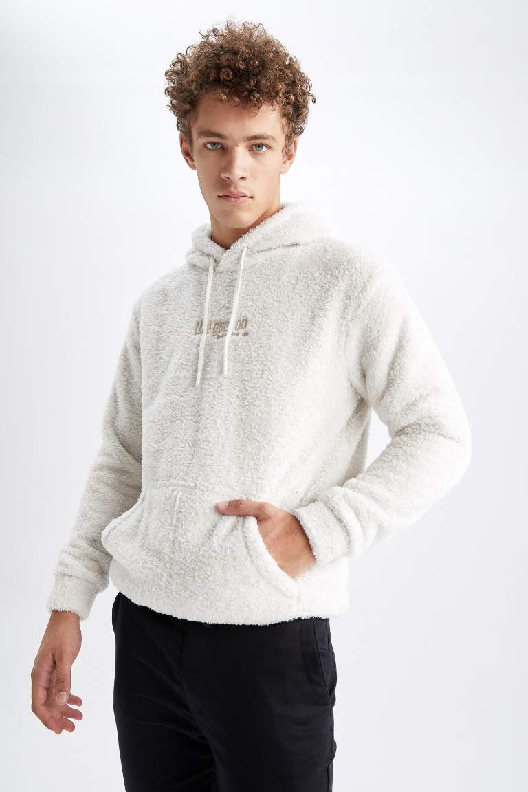 Regular Fit Kapüşonlu Baskılı Pelüş Sweatshirt