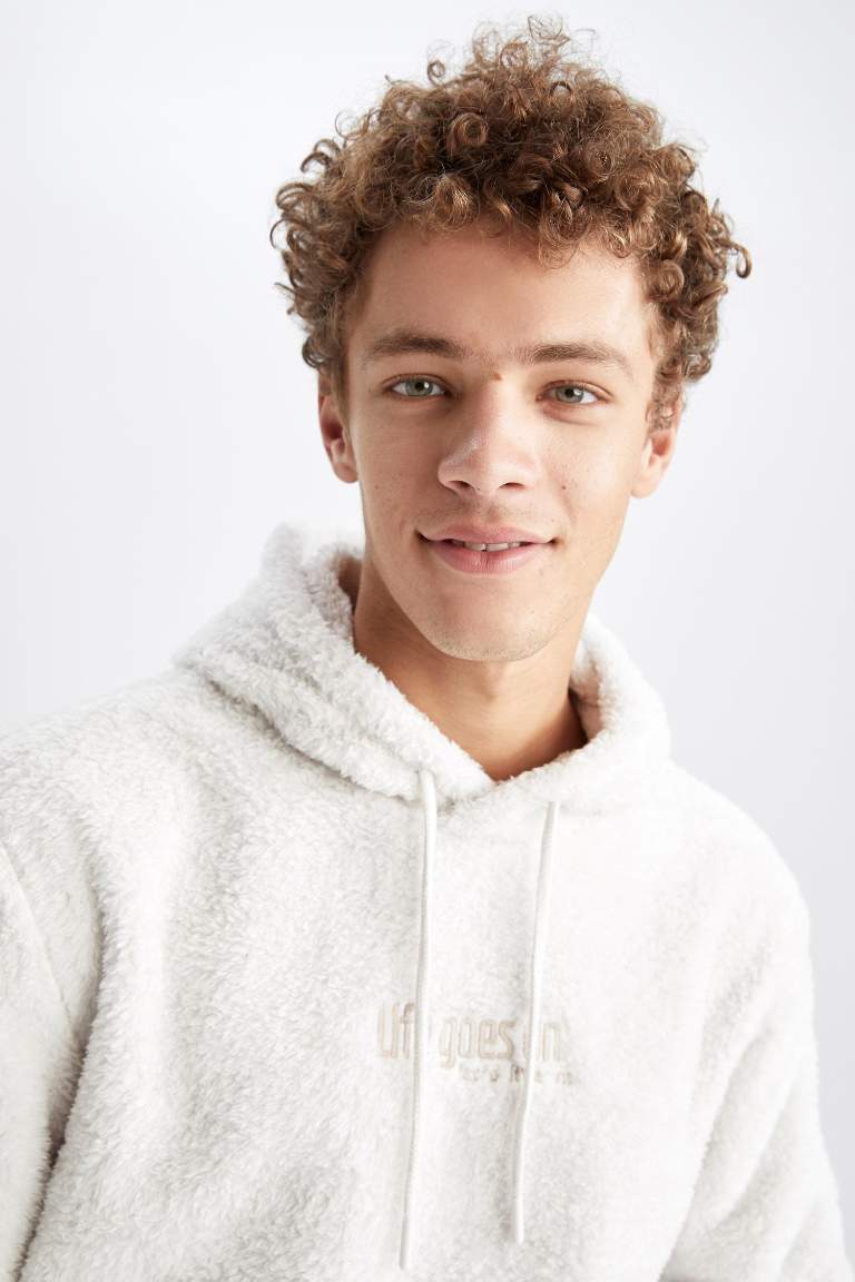 Regular Fit Kapüşonlu Baskılı Pelüş Sweatshirt