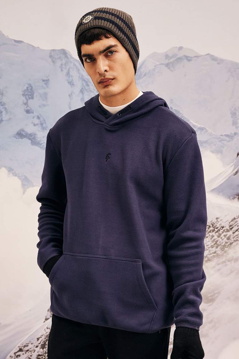 DeFactoFit Standart Fit Baskılı Kanguru Cepli Kapüşonlu Polar Sweatshirt