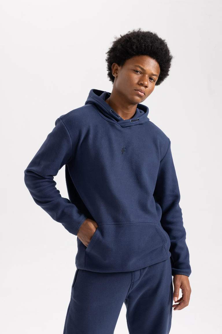 DeFactoFit Standart Fit Baskılı Kanguru Cepli Kapüşonlu Polar Sweatshirt