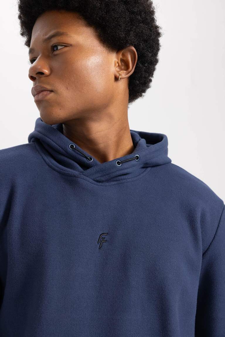 DeFactoFit Standart Fit Baskılı Kanguru Cepli Kapüşonlu Polar Sweatshirt