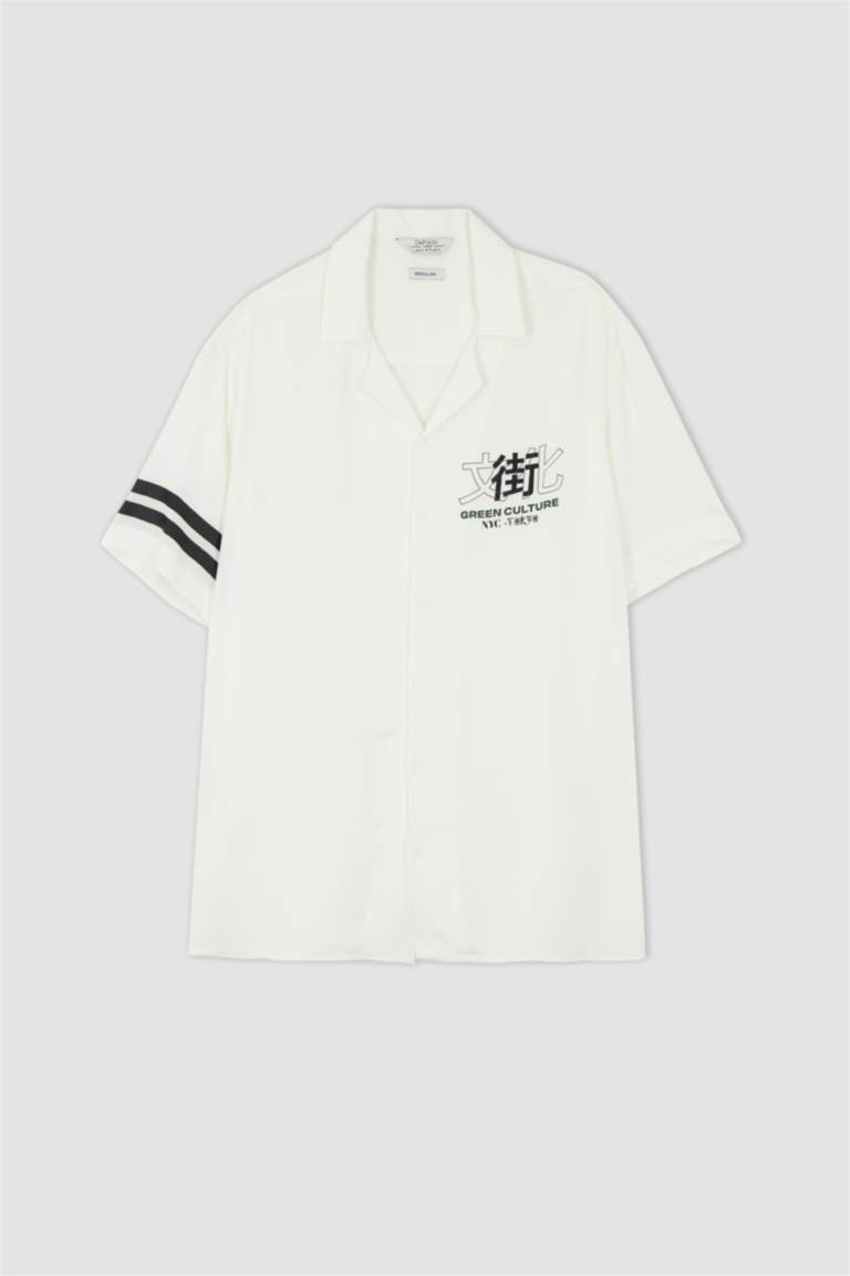 قميص بأكمام قصيرة فيسكوز بقصة عادية ياقة جاكيت