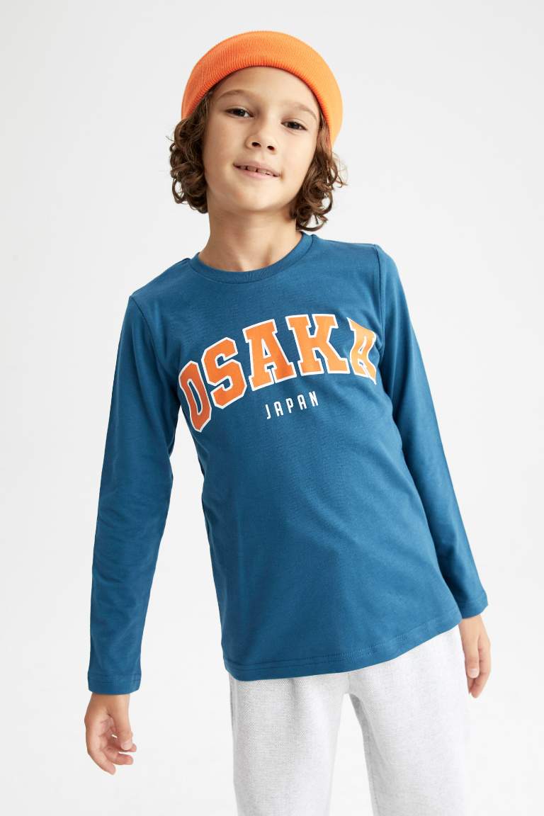 Boys Combed Cotton Regular Fit Crew Neck Long Sleeved T-Shirt