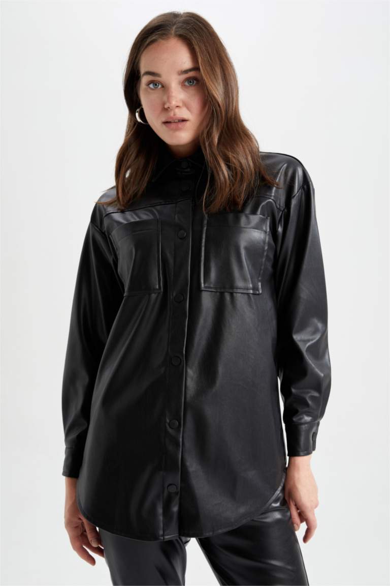 Regular Fit Faux Leather Long Sleeve Tunic