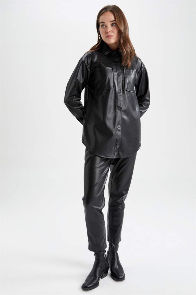 Regular Fit Faux Leather Long Sleeve Tunic