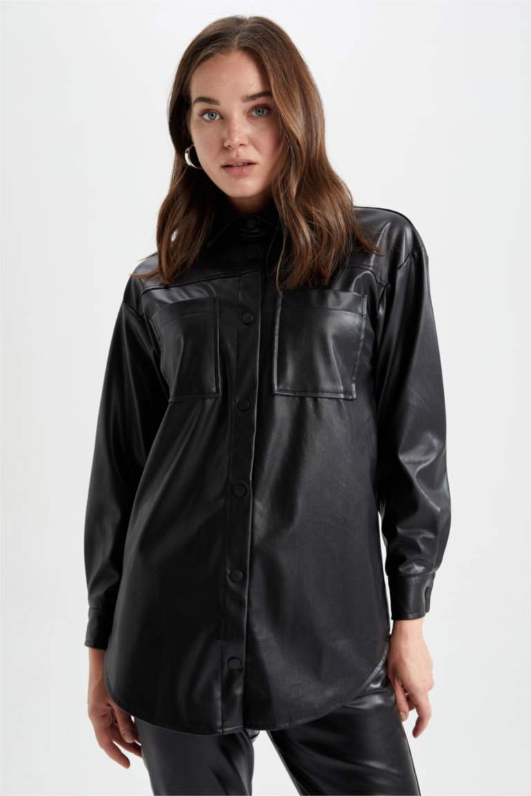 Regular Fit Faux Leather Long Sleeve Tunic