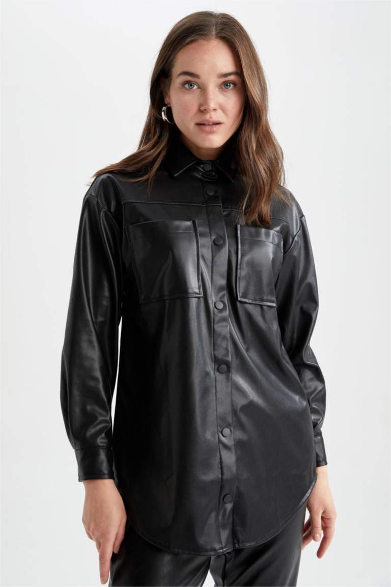 Regular Fit Faux Leather Long Sleeve Tunic