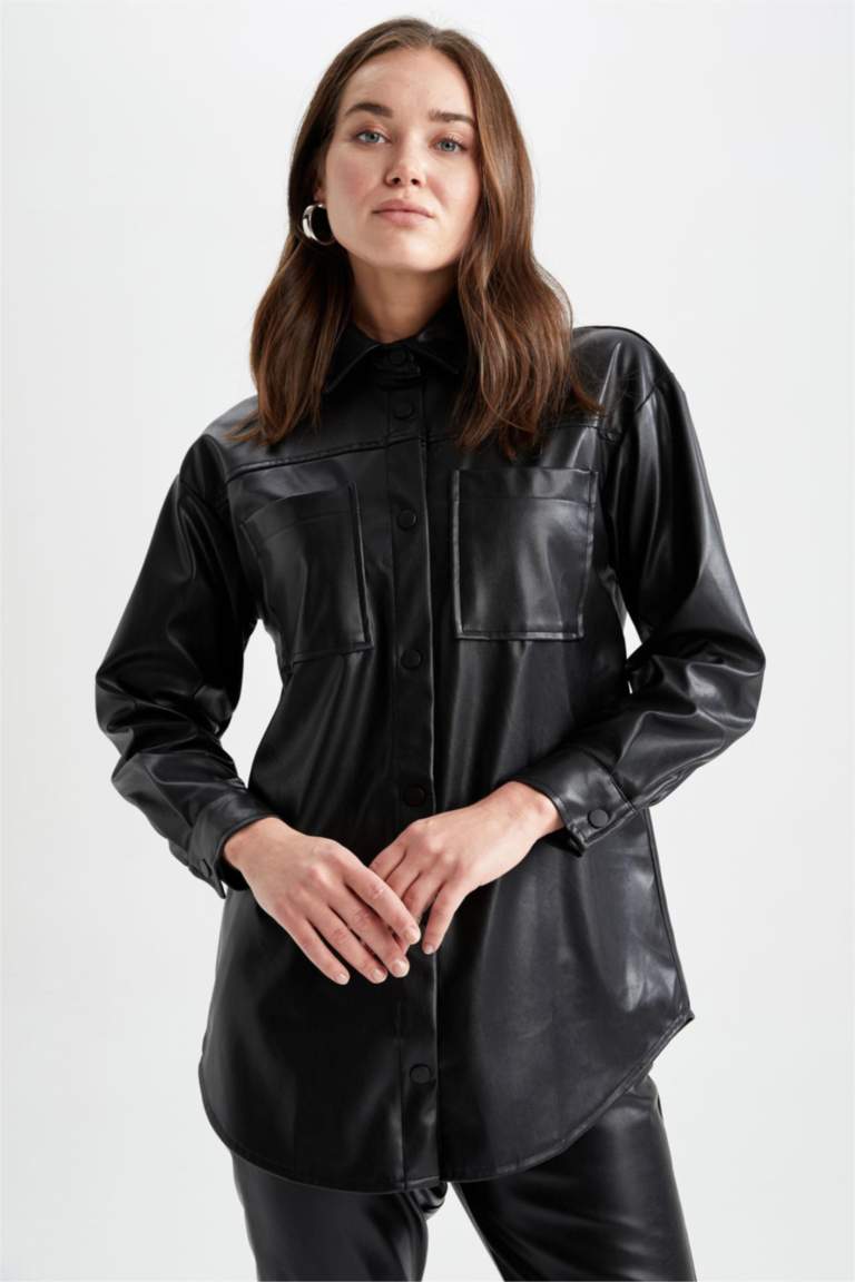 Regular Fit Faux Leather Long Sleeve Tunic