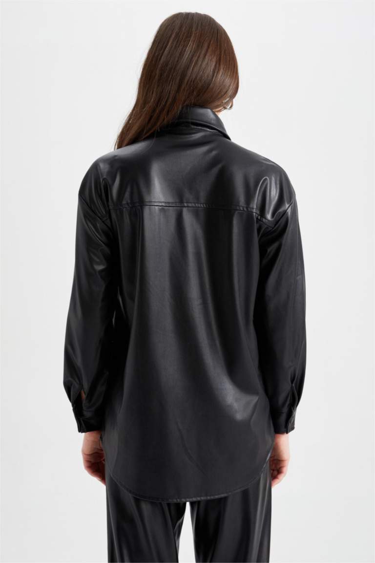 Regular Fit Faux Leather Long Sleeve Tunic