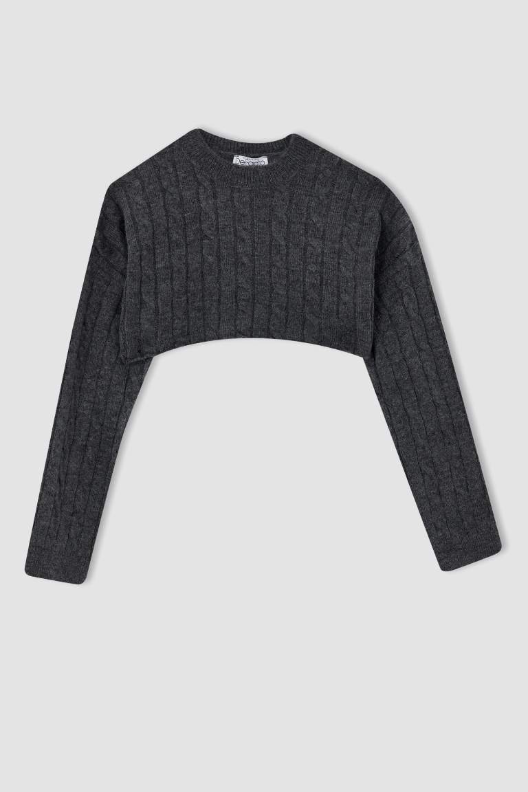 Oversize Fit Bisiklet Yaka Crop Örgü Triko Kazak