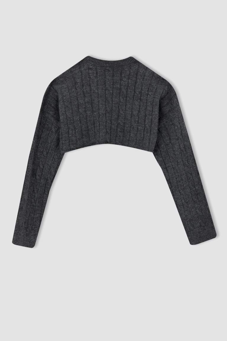 Oversize Fit Bisiklet Yaka Crop Örgü Triko Kazak