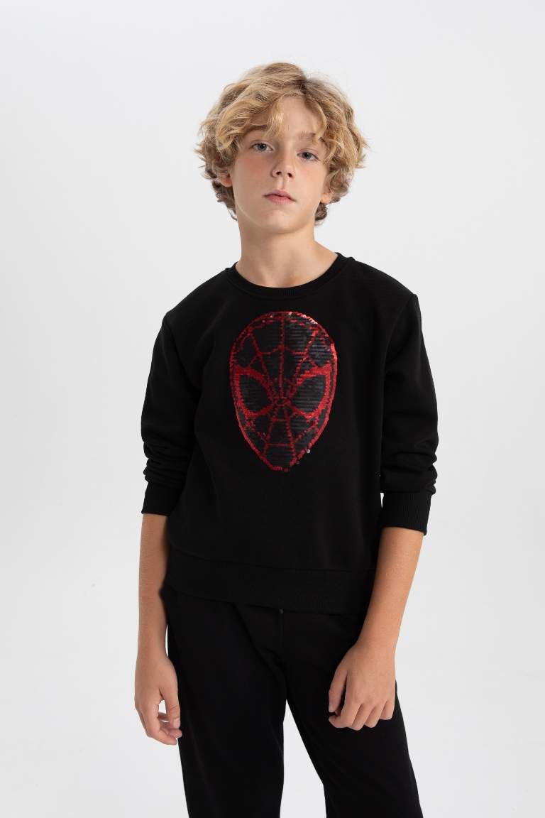 Black BOYS & TEENS Regular Fit Spiderman Licensed Sequined Crew Neck ...