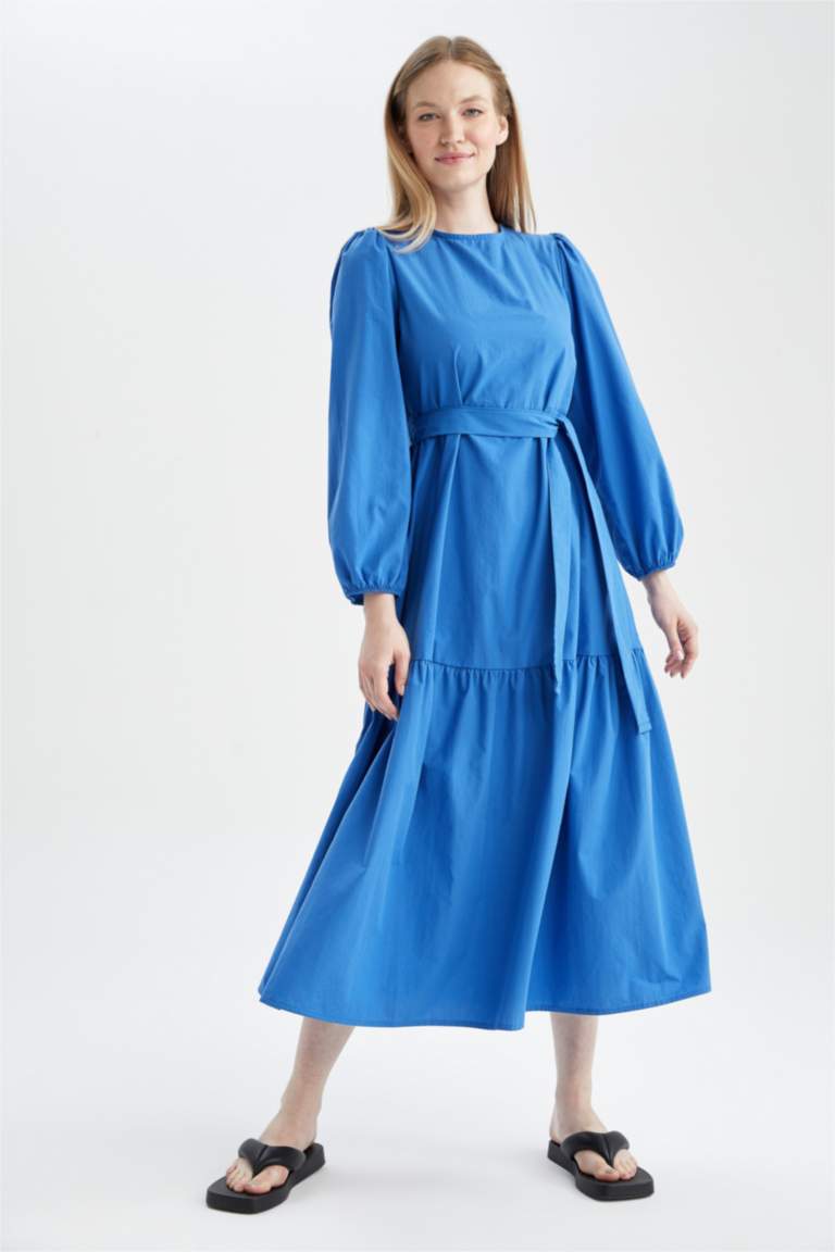 فستان كم طويل طويل بوبلين بياقة مستديرة