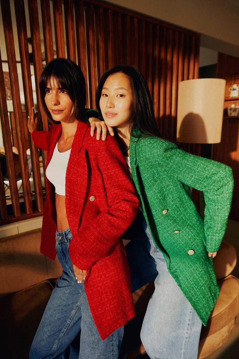 Oversize Fit Geniş Kalıp Kruvaze Yaka Düğmeli Tweed Blazer Ceket
