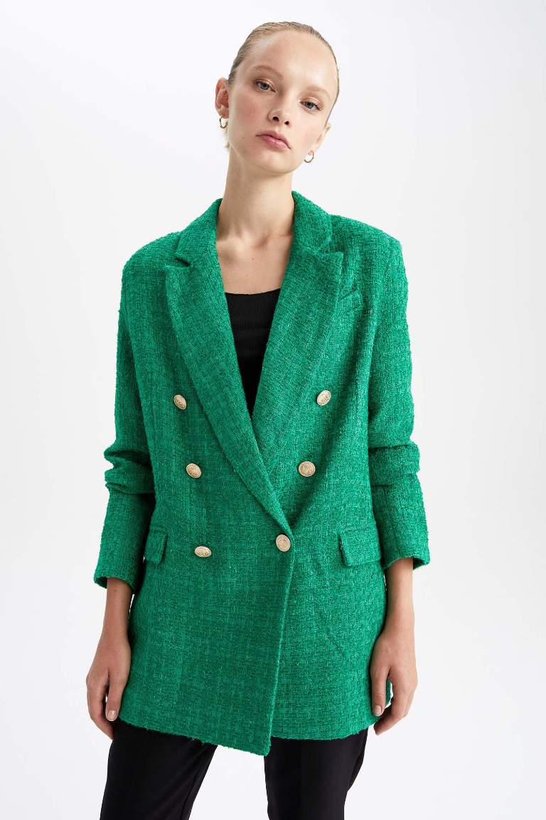 Oversize Fit Geniş Kalıp Kruvaze Yaka Düğmeli Tweed Blazer Ceket