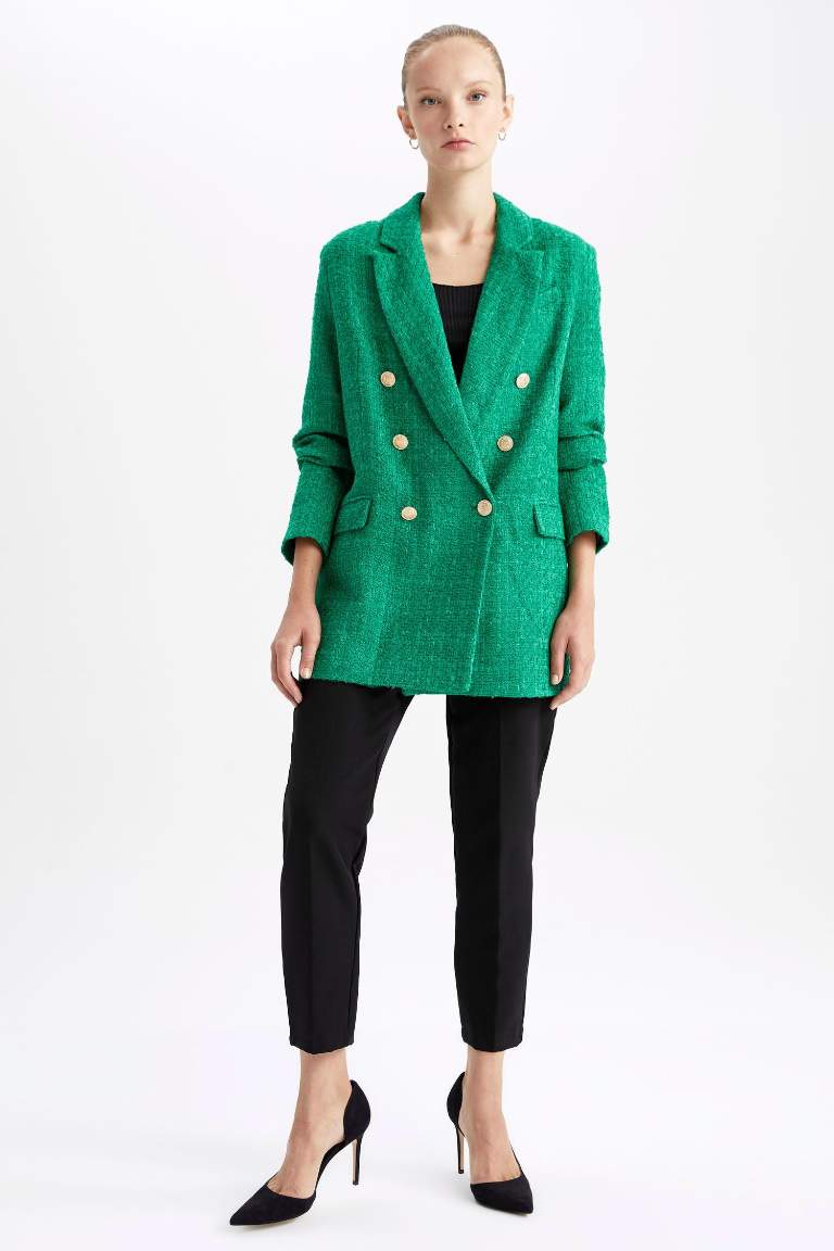 Oversize Fit Geniş Kalıp Kruvaze Yaka Düğmeli Tweed Blazer Ceket